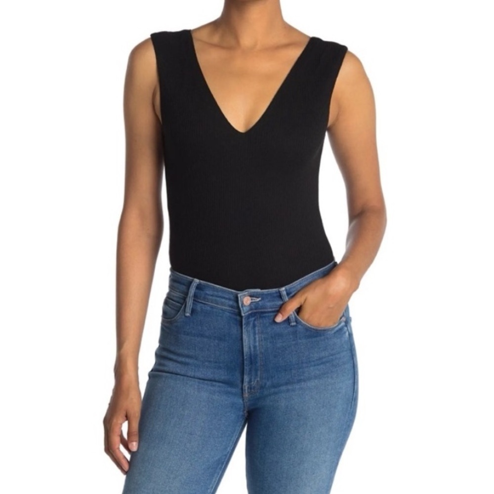 New AFRM Mooni Ribbed Double V-neck Sleeveless Bodysuit In Black Size Small